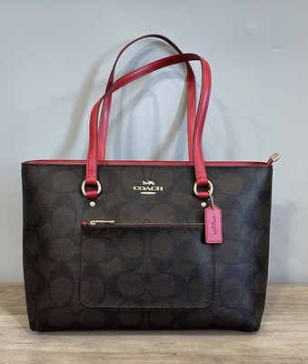 NWT COACH Tote Shoulder Bag Signature Canvas Leather Walnut Red