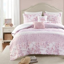 Queen Comforter Set, Romantic Floral  Paisley, Solid F/Q Comforter Pink