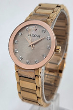 BULOVA WOMENS 425 DAZZLING DIAMONDS ROSE GOLD/MOP FUTURO DRESS WATCH 97P132