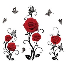 Red Rose Wall Sticker Valentine's Day Flowers Butterfly Wall Decals Home Art ...