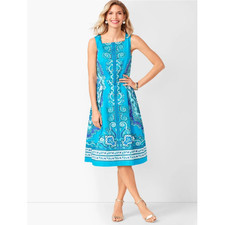 Talbots Sleeveless Dress Womens Sz 10 Blue Pockets A-Line Summer Sun Knee Length