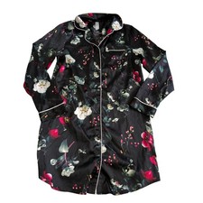 Stars Above XS Black Floral Satin Nightshirt Long Sleeve Button Sleep Dress