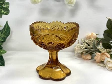 KEMPER WHEATON Amber Glass Saw Tooth Rim Pedestal Compote Candy Dish KW Marked
