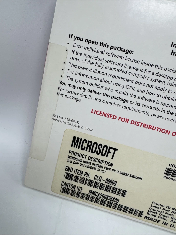 Microsoft Windows Home Server OEM System Builder Pack Made In USA X10-63162 New - Image 2 of 4