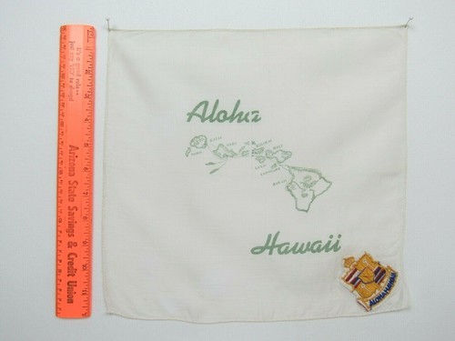 VTG 1950s ALOHA HAWAII COMMEMORATIVE NOVELTY HANDKERCHIEF 12 1/4" by 12"