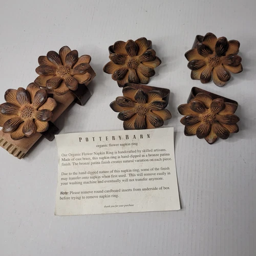 NEW Pottery Barn Organic Flower Napkin Rings Six Heavy Metal Brown Home Decor