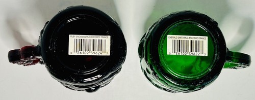2 Vintage Arcoroc Glas Becher grüner Weihnachtsmann & roter Schneemann 12 Unzen Frankreich mit Etikett - Bild 5 von 6
