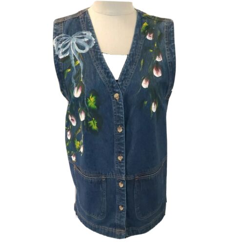 Cabin Creek Hand Painted  Blue Denim Vest Size Small Button Front Pockets