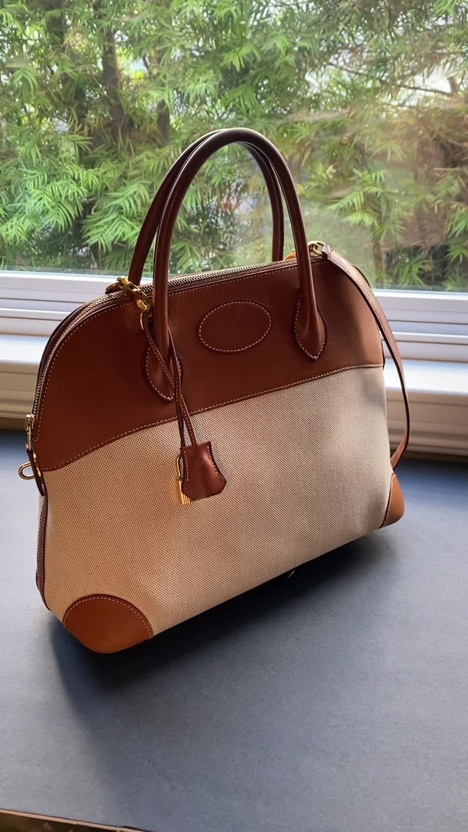 HERMES Barenia & Toile BOLIDE 37 cm Gold Hardware Rare HERMES Barenia & Toile BOLIDE 37 cm Gold Hardware Rare