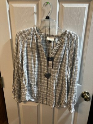 UNIVERSAL THREADS GOODS PEASANT BLACK WHITE CHECK LNG SLEEVE TOP (S) NWT