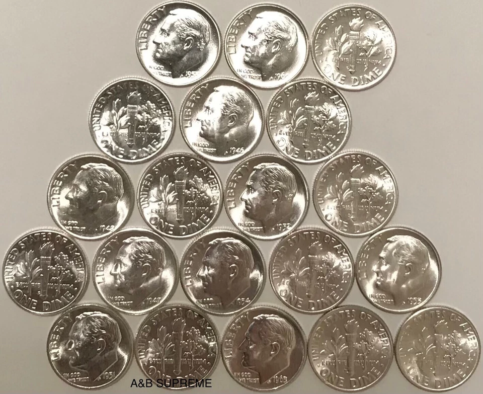 (20) десятицентовики с изображением Рузвельта из OBW Roll Estate 1946-1964 CH-GEM Bu не бывшие в обращении 90% серебра - Изображение 3 из 4
