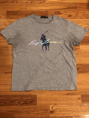 レインボウ Polo Ralph Lauren Men's Large L Gray Tshirt Big Pony Rainbow Short