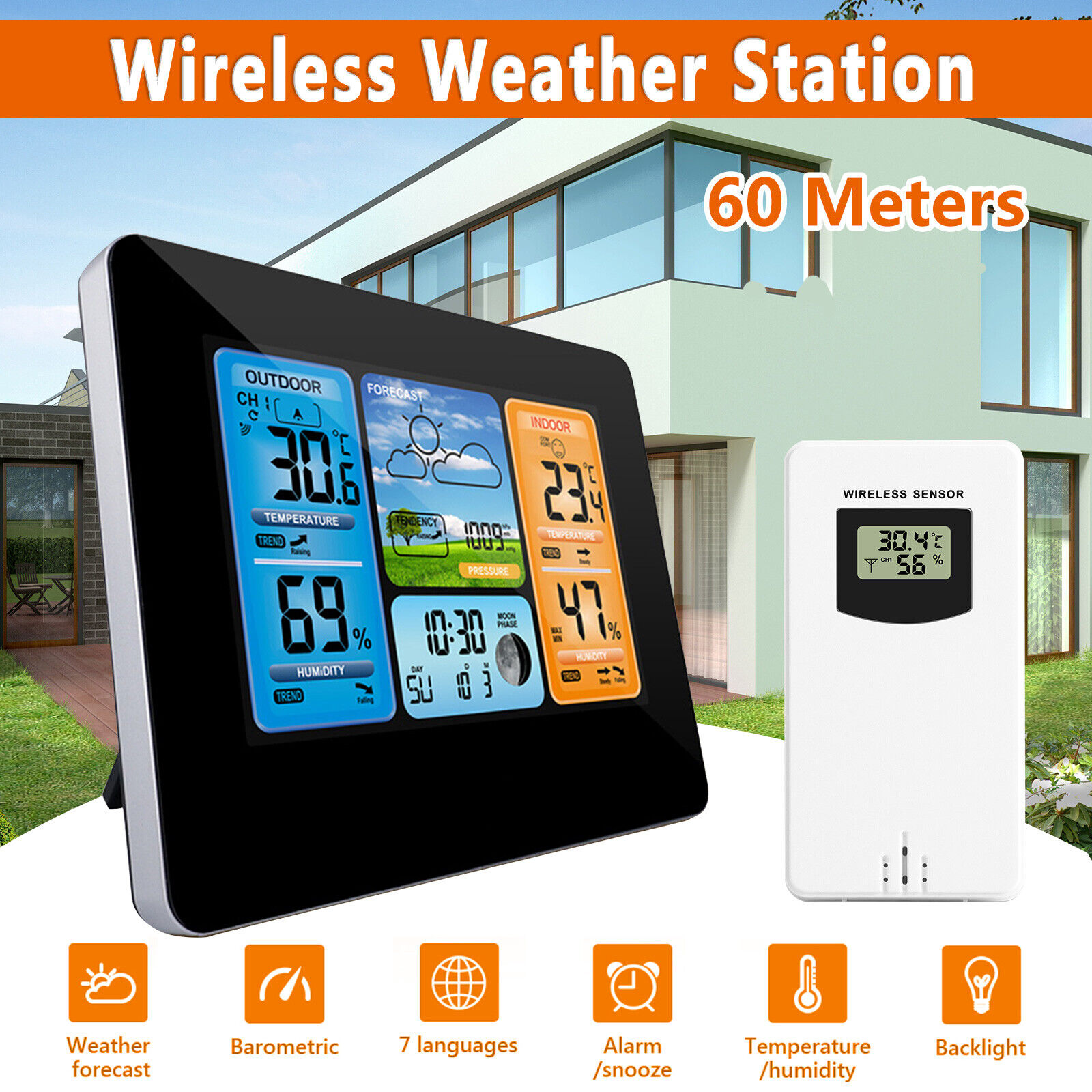Weather Station,Wireless Indoor Outdoor Thermometer,LCD Digital Display Weather  Thermometer with Temperature,Humidity,Calendar,4 Mode Weather  Forecast,Snooze Function Alarm Clock