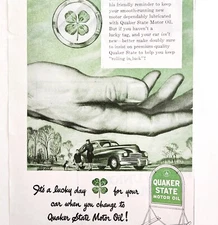 1947 Quaker State Motor Oil Advertisement Lucky 4 Leaf Clover Automobilia DWWW4