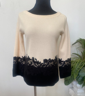 Tory Burch Ivory /Black Merino Wool Long Sleeve Sweater Top Size XS/TP EUC! $390