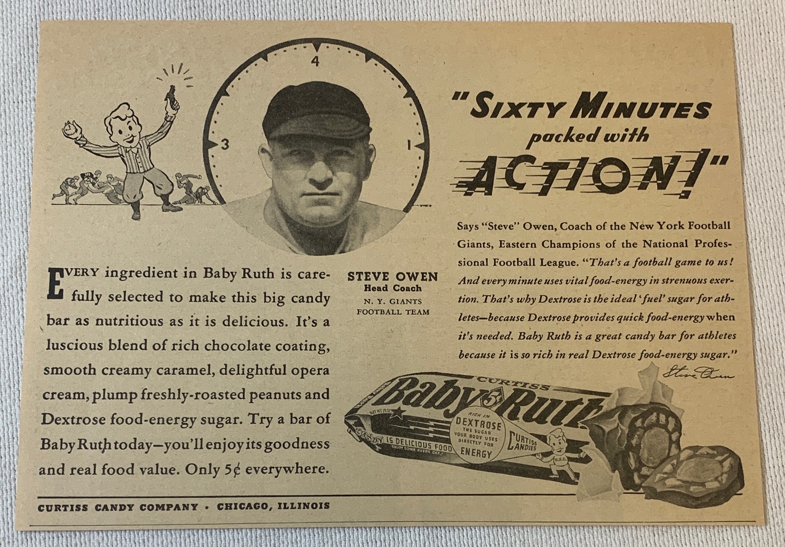 1940 Baby Ruth ad ~ COACH STEVE OWEN New York Giants football