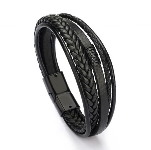 Men Braided Leather Bracelet Stainless Steel Clasp Bangle Hip-hop Multi-Layer - Picture 9 of 14