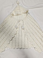 70's BOHO VINTAGE HANDMADE CROCHET BABY HOODED SWEATER CAPE PONCHO Balls Ivory