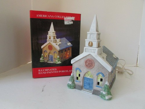 VILLAGE VELVET TOUCH STEEPLE CHURCH BUILDING 1990 PORCELAIN AMERICANA 8.5" LotD