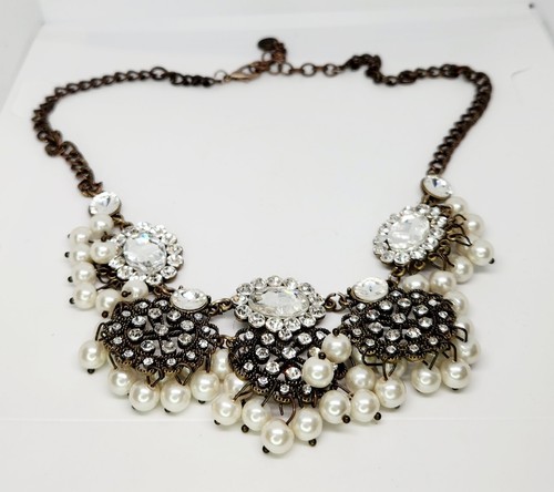 Marley Lilly Rhinestone Faux White Pearls Statement Necklace Antiqued Gold Tone - Picture 2 of 6