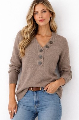 Gap Women s Large Brown V-Neck Button Sweater Ribbed Trim Cotton Blend Pullover