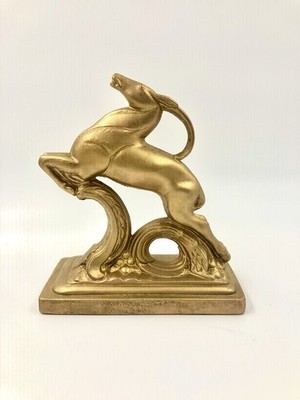 Vtg Art Deco Cast Metal Leaping Ibex Gazelle Bookend Statue Gold 1930s Authentic