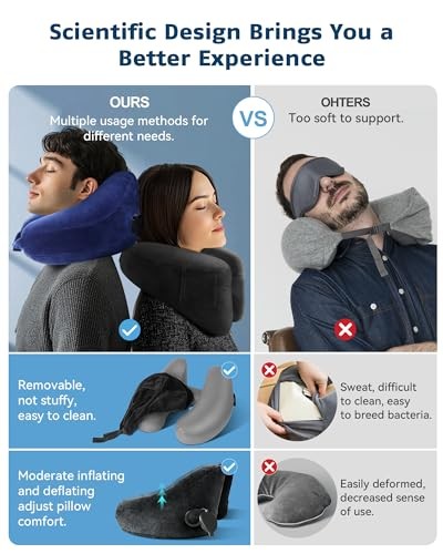 Travel Pillow Inflatable Neck Pillow Airplane Pillow with Velvet Medium Black