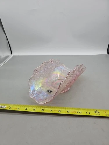 Vintage Imperial Pink Lenox  Carnival Glass Iridescent Banana Boat Bowl 10” Tags