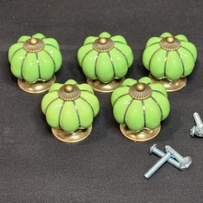 Pumpkin Shaped Set of 5 Leaf Green Ceramic Cabinet Knobs Burnished Gold Accent