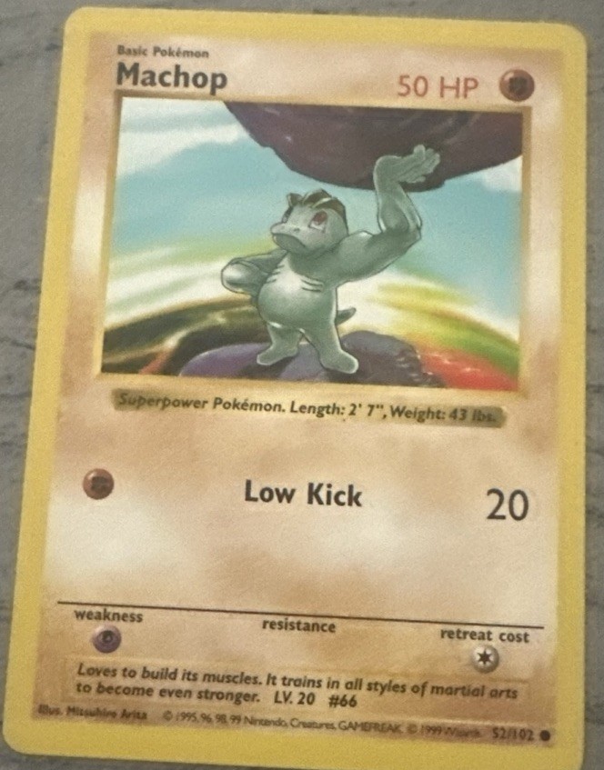 Pokemon 1st Edition Shadowless Machop 1999 WOTC 52/102 RARE LP NICE SEE PICS