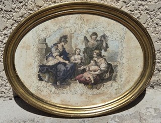 Tableau signé. scène allégorique et de célébration royale. Gravure sur Papier.