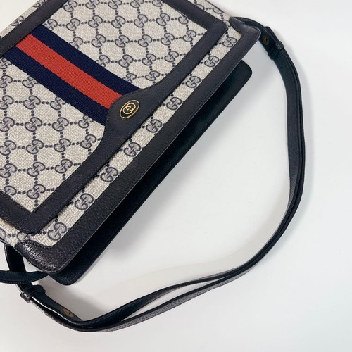 GUCCI GG Monogram Navy Grey Shelly Stripe Shoulder Bag Women PVC Leather Auth - Picture 12 of 24