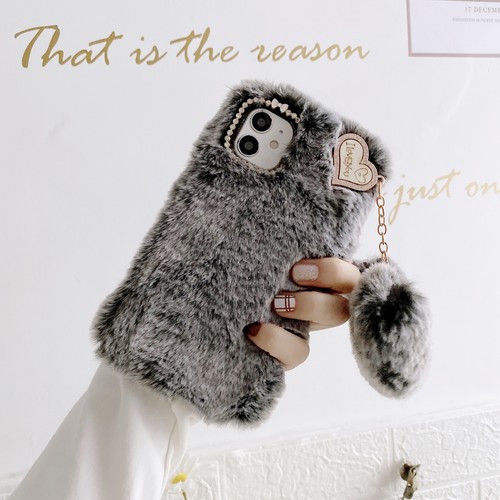 Cute Girly Faux Fur Fluffy Plush Love Heart Pendant Soft Warm Cases Phone Covers - 第 21/27 張圖片