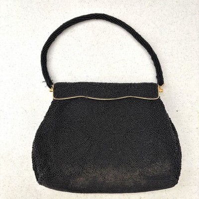 Womens Black Bead Evening Bag Vintage 1950s Hong Kong Holiday Event Wedding