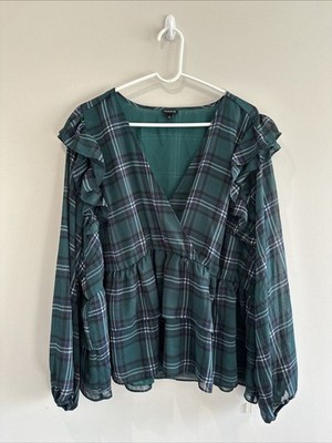 Torrid Chiffon Ruffled Surplice Hi Lo Plaid Crop Top Green Women s 4x Whimsigoth