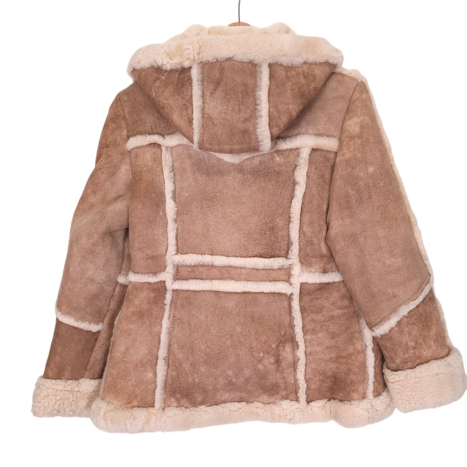 Wilsons Suede & Leather Vintage Shearling Hooded Jacket Tan Wool Lined Womens 14 image 2