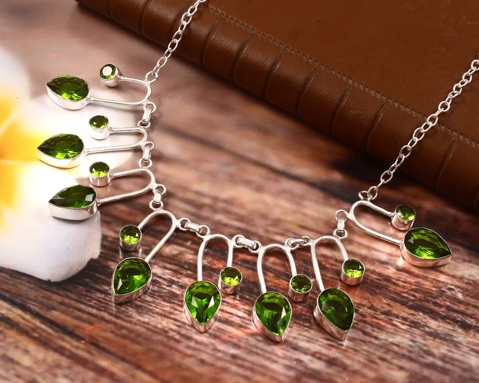ot925 Sterling Silver Rose Cut Green Peridot Gemstone Jewelry Handmade Necklace - Image 2 of 3