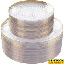 Clear Gold Disposable Plates Heavy Duty Elegant Party Dinnerware Plastic 10in US