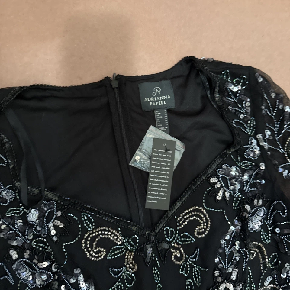 ADRIANNA PAPELL BEADED MIDI DRESS/BLACK MULTI SIZE 2 Long Sleeves Beaded - Image 2 of 4