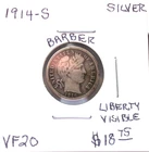 1914 SAN FRANCISCO BARBER SILVER DIME IN VERY FINE CONDITION W/ LIBERTY LETTERS