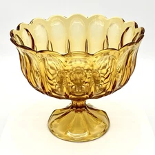 Vtg Anchor Hocking Fairfield Amber Glass Yellow Compote Dish 7-1/2" Footed Bowl