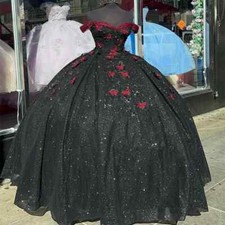 Black Shiny Quinceanera Dresses Ball Gown Bow Off Shoulder Red Cape Sweet 16