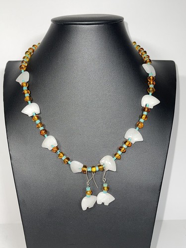 Necklace And Earring Set Amber Turquoise Beads Fetish Jasper Bears Toggle - Picture 7 of 9