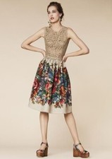 Dolce&Gabbana IT40 beige linen dress printed flower lace top on transparent mesh