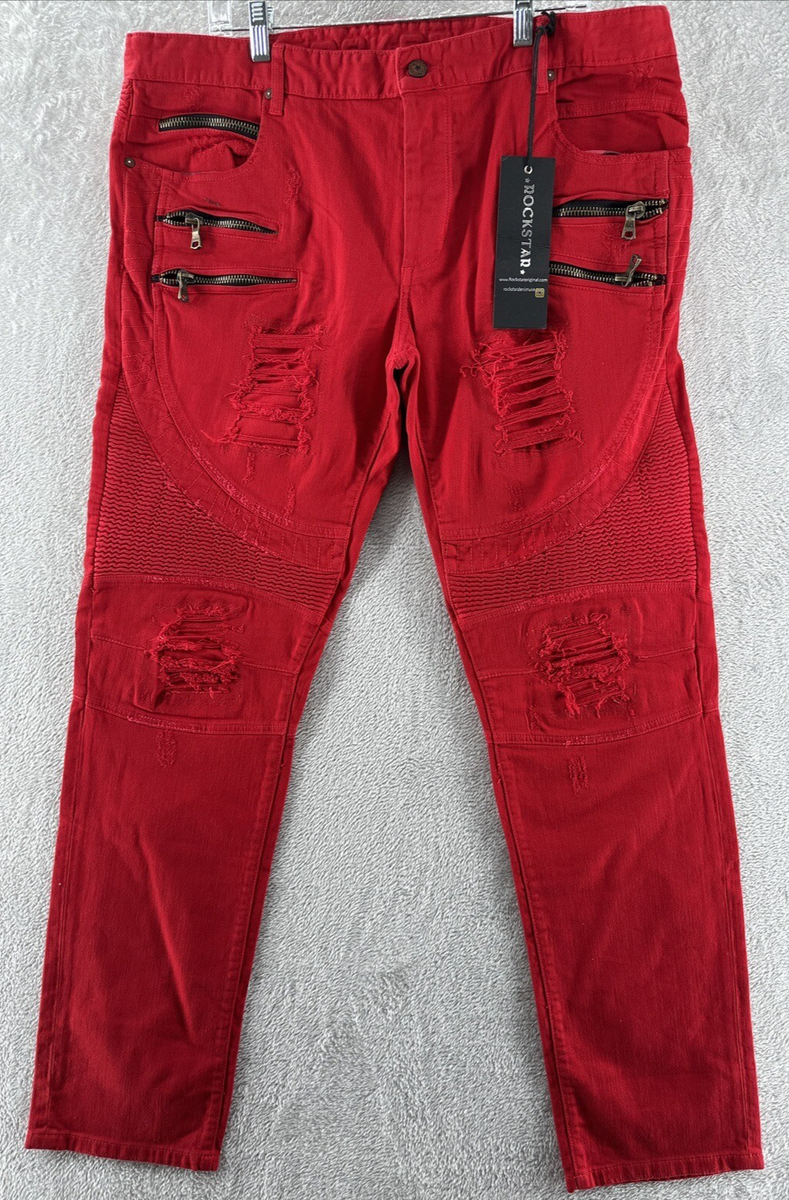ROCKSTAR Jeans Mens Sz 40x 32 Distressed Red Rocker Thrashed Men's Button  Fly