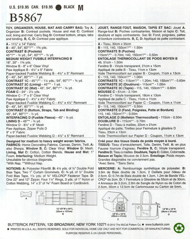 Butterick B5867 Pet Toy Organizer, House, Mat & Carry Bag UNCUT Sewing Pattern - Image 2 of 4