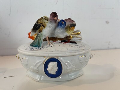 Vintage Possibly Antique Porcelain Vanity Box with Figural Bird Decorations