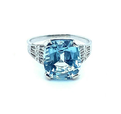 14k Gold 3.43 Carat Antique Cushion Cut Genuine Natural Aquamarine Ring (#J5210)