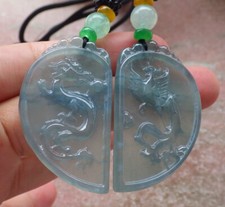 Pair Certified Green A Jade jadeite Pendant Dragon Phoenix Heart 677934 AS