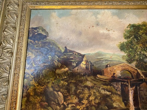 Pintura al óleo sobre lienzo antigua ""Paisaje con escena de hogar y figuras"" - enmarcada - Imagen 7 de 12